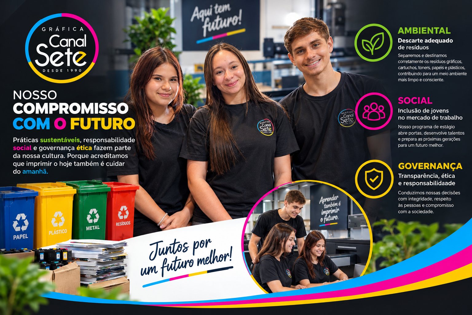 Nosso compromisso com o futuro: estagiários da Canal Sete, descarte adequado de resíduos, inclusão de jovens no mercado de trabalho e governança com transparência e ética.